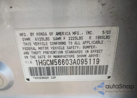 2003 Honda Accord 2.4 Ex из США, поврежденный, VIN 1HGCM56603A095119